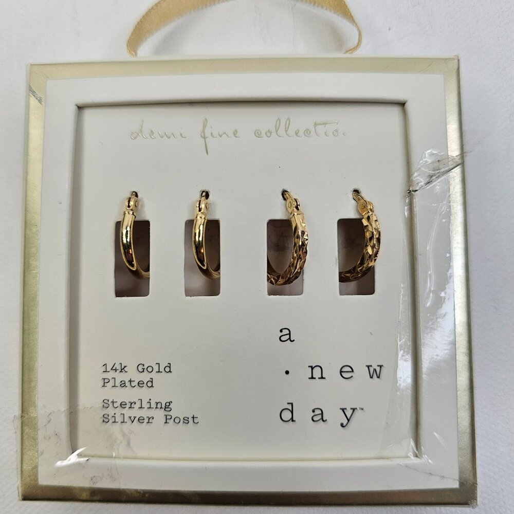 A New Day Earrings 14K Gold Plated Click Sterling Silver Post Set of 2 Hoop